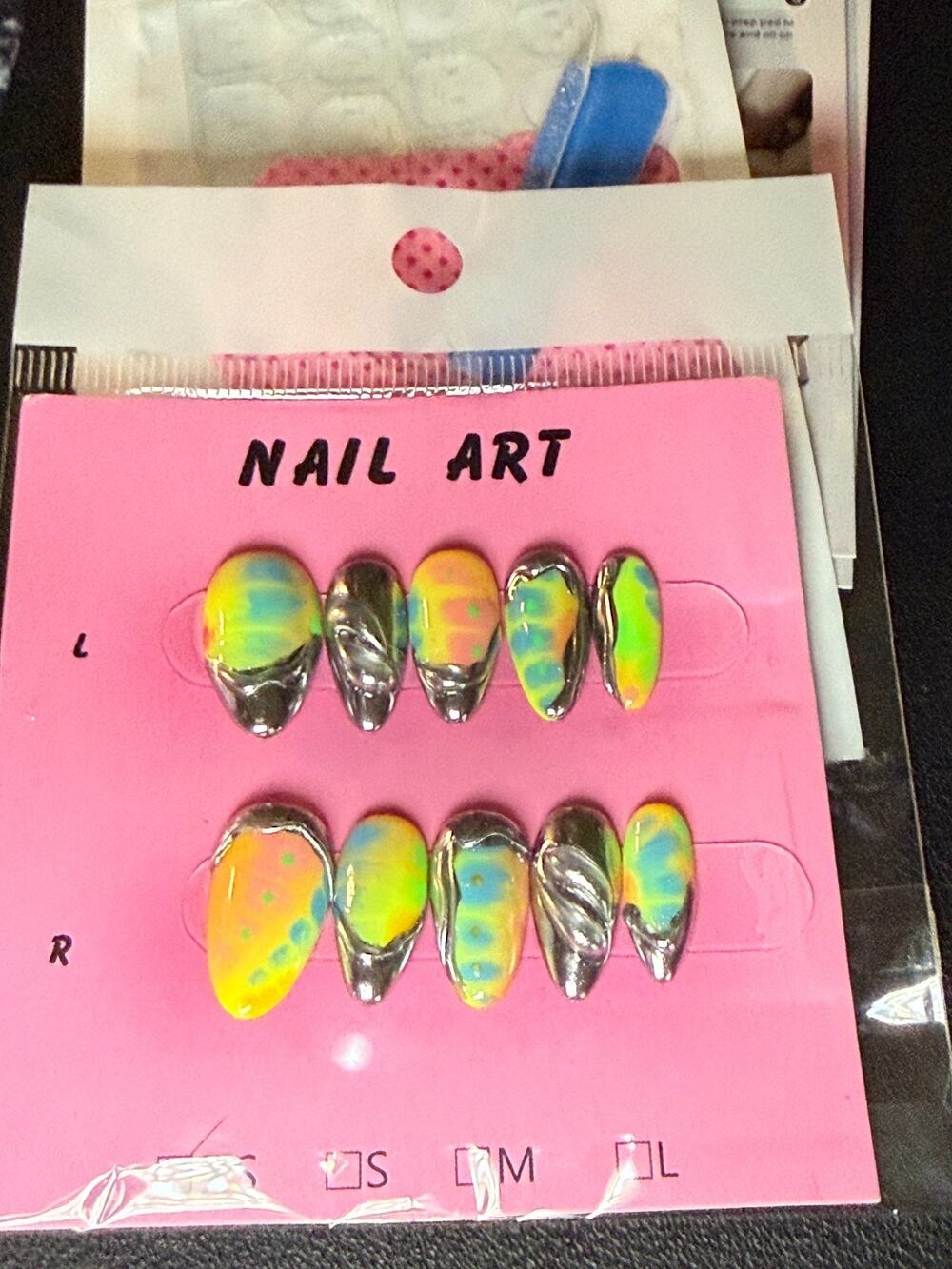 Press-On Nails Acrylic Tropical Colors Silver Almond XS Shiny Handmade New